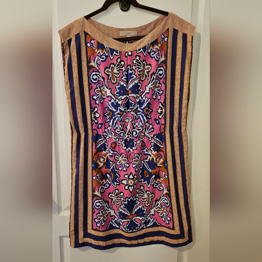 LOFT- Pink and Blue Dress with Orange Stripes- Size Large